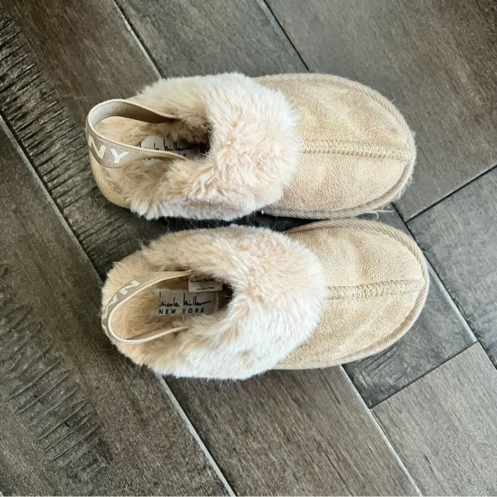 Nicole Miller New York Fur Lined Clog Slippers Boots 9 Tan Brown Strap